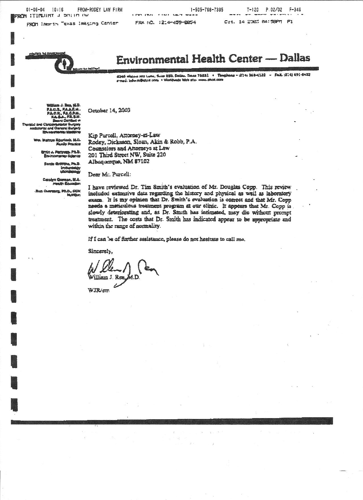 Copy Of Dr. William J. Rea's Letter