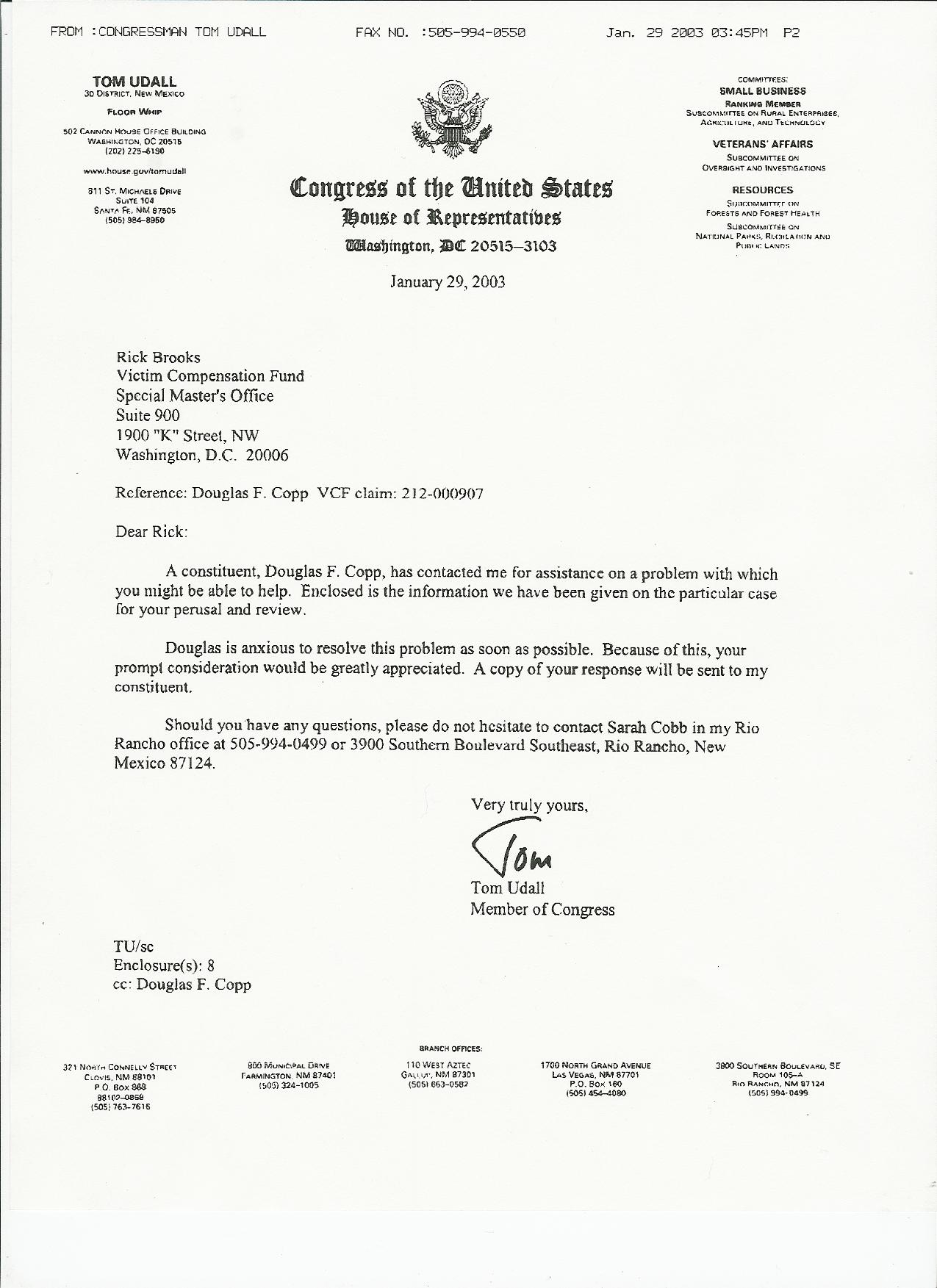 Copy Of Congressman Tom Udall's Letter