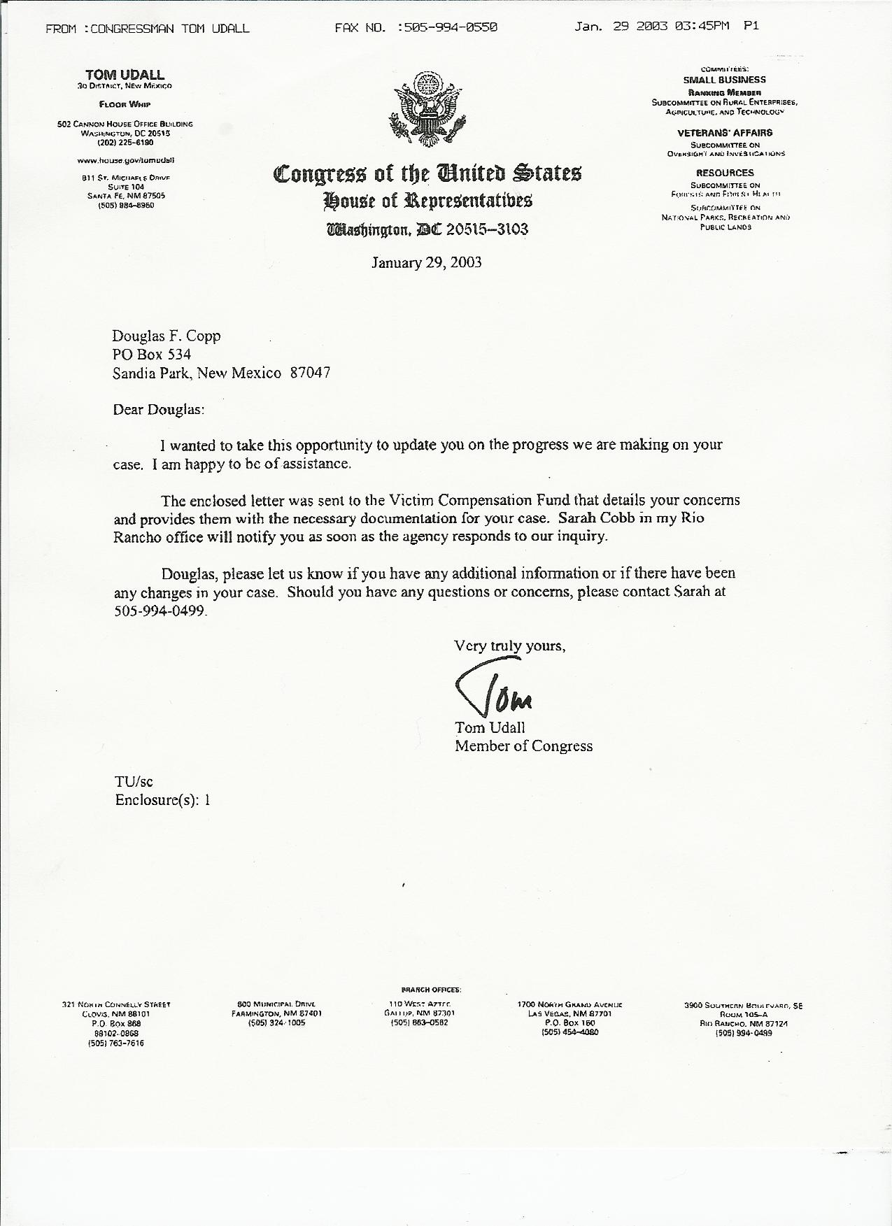 Copy Of Congressman Tom Udall's Letter