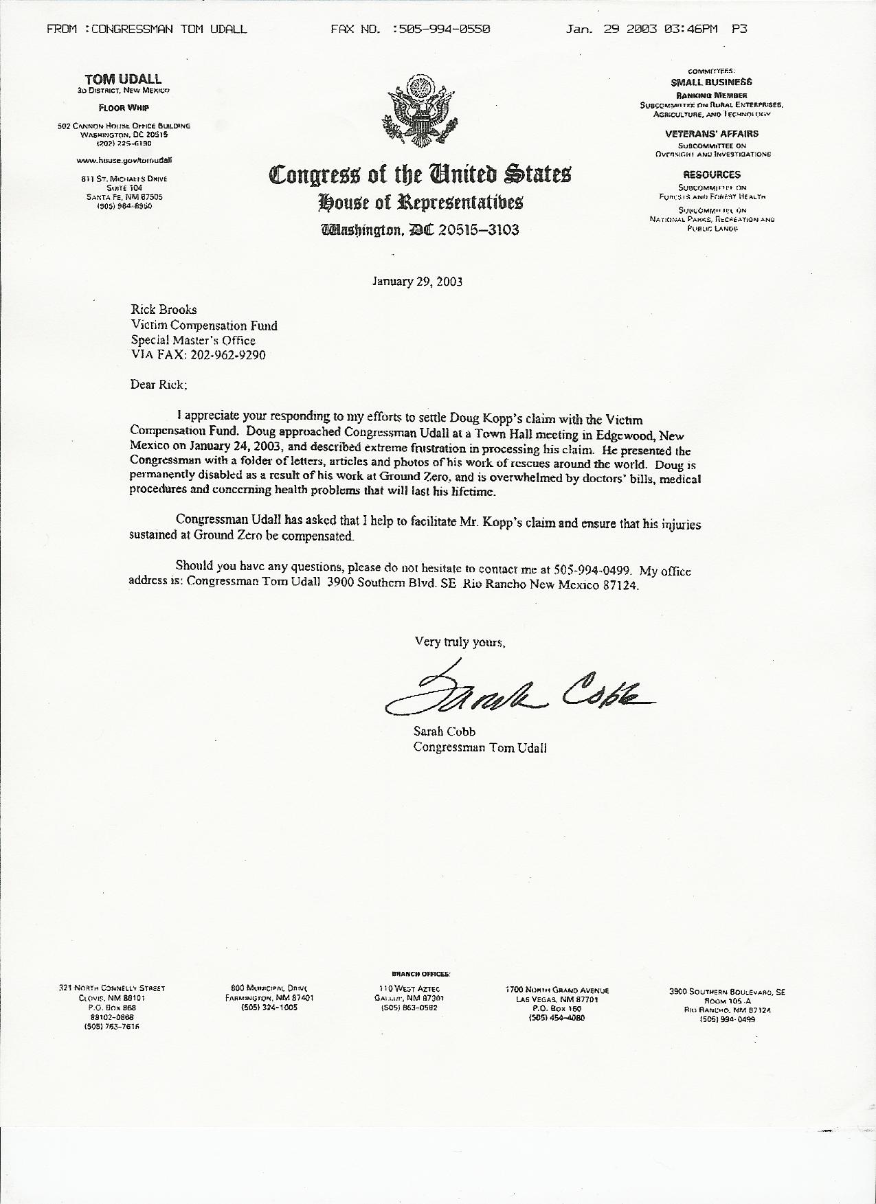 Copy Of Congressman Tom Udall's Letter